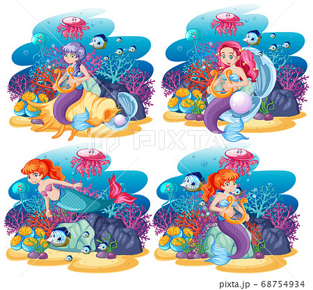 Set of cute mermaid with animal sea theme scene Set of cute mermaid with animal sea theme scene 68754934