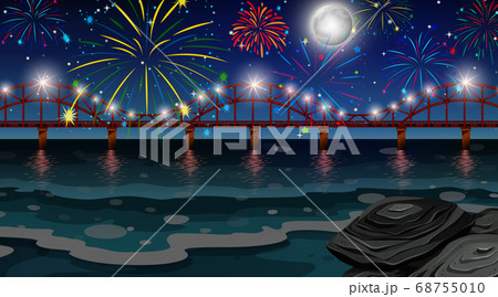 Celebration fireworks with bridge scene Celebration fireworks with bridge scene 68755010