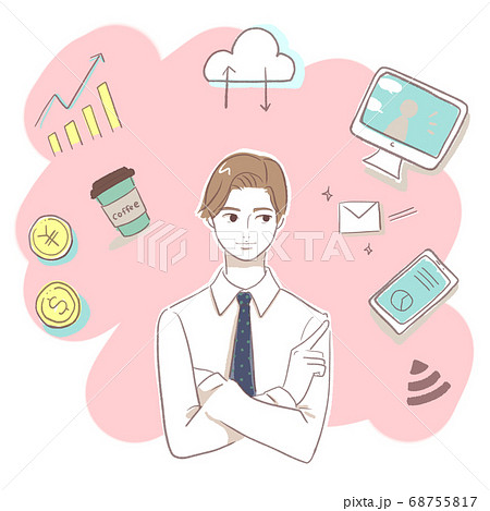 男性とインターネット 背景ピンク のイラスト素材