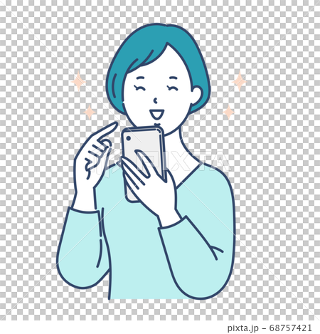 A happy woman looking at a smartphone 68757421