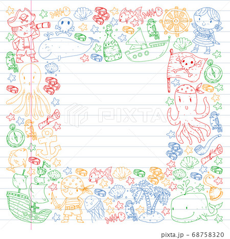 Vector pirate set in cartoon style. Sweet card with pirates, ship, whale, crab, octopus, mermaid, rum, anchor, treasure, fish, island and parrot. Vector pirate set in cartoon style. Sweet card with pirates, ship, whale, crab, octopus, mermaid, rum, anchor, treasure, fish, island and parrot. 68758320
