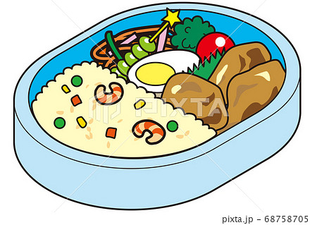 子どものお弁当 エビピラフと鶏のから揚げ のイラスト素材