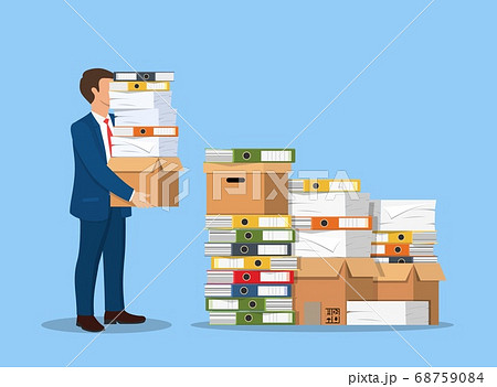Stressed businessman holds pile of office folders 68759084