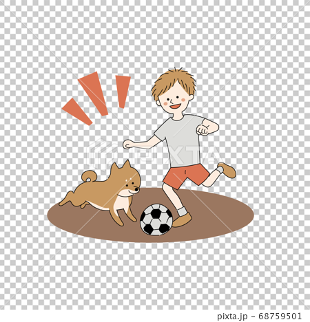 柴犬とサッカーボールで遊ぶ男の子のイラスト素材