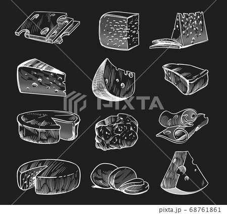 Hand drawn cheese. Chalkboard sketch various types of cheeses maasdam and gouda, mozzarella and parmesan, fresh eco milk products, slices and pieces food engraving style vector isolated set 68761861