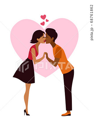 Happy romantic couple. Man and woman kissing on date, valentines or wedding card template, love and relationship concept flat cartoon isolated vector characters 68761862