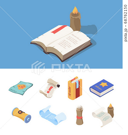 Vintage books isometric. Fantasy magic papers fairytale books for computer game medieval maps vector set Vintage books isometric. Fantasy magic papers fairytale books for computer game medieval maps vector set 68762150