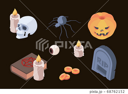 Halloween collection. Horror scary symbols skull bones cemetery tomb ghosts vector isometric set items for autumn celebration 68762152