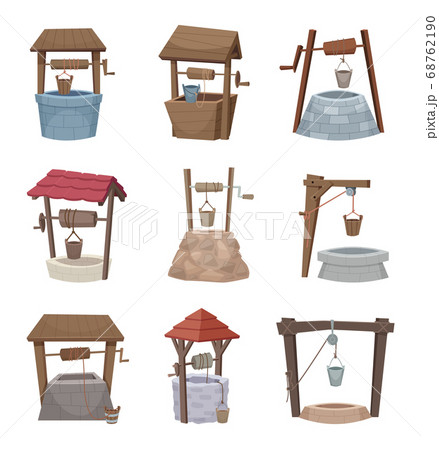 Water well. Antique cartoon country wellness village wooden construction vector illustrations 68762190