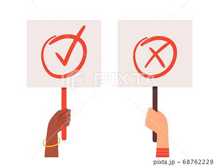 Yes no banners. Hands holding choice checkmark plates. Positive or negative posters vector illustration 68762229