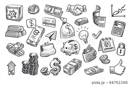 Money sketch. Hand drawn financial elements in sketch style, cash and stack coins, safe and wallet, credit card and currency, bank payment concept black vector isolated set Money sketch. Hand drawn financial elements in sketch style, cash and stack coins, safe and wallet, credit card and currency, bank payment concept black vector isolated set 68762266