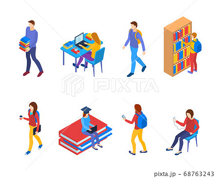 Color Characters Different College Students 3d Icons Set Isometric View. Vector 68763243