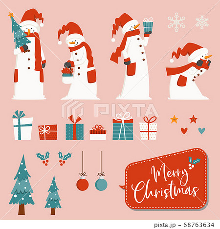 クリスマス素材セットー背の高いスノーマンとプレゼント，ツリー、ふきだし 68763634