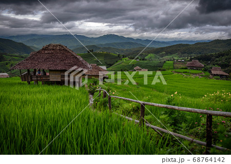 The beautiful scenery of the green terraced rice field of Bong Piang forest village. 68764142