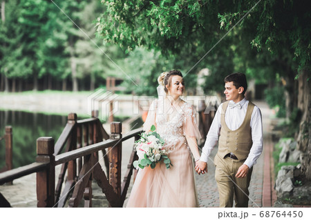 Wedding couple holding hands, groom and bride together on wedding day Wedding couple holding hands, groom and bride together on wedding day 68764450