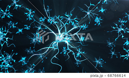 Conceptual illustration of neuron cells send an electrical charge for transmit information. Brain research. Interconnected neurons. Neurons between themselves send electric impulse, 3d illustration Conceptual illustration of neuron cells send an electrical charge for transmit information. Brain research. Interconnected neurons. Neurons between themselves send electric impulse, 3d illustration 68766614