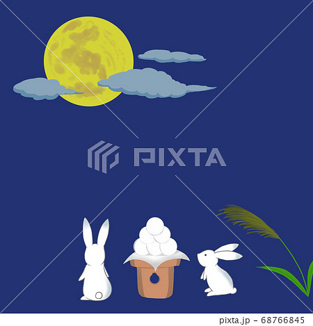 十五夜にお月見をするウサギのシンプルなイラストのイラスト素材