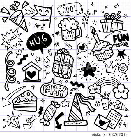 Hand drawn party doodle happy birthday ornaments Hand drawn party doodle happy birthday ornaments 68767015