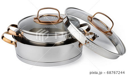 Set of new metal saucepans isolated on white 68767244
