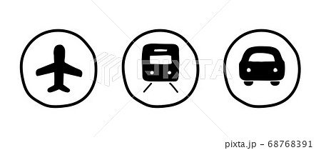 手書きの飛行機 車 電車のアイコンのセット 乗り物 交通機関 シルエット ビジネスのイラスト素材