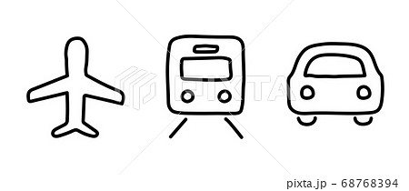 手書きの飛行機 車 電車のアイコンのセット 乗り物 交通機関 シルエット ビジネスのイラスト素材