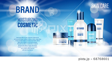 Cosmetic product bottle ad design. Realistic spray, hand and face cream, shampoo in cloudy sky background for your brand. Moisturize cosmetic advertising promo template. Vector 3d illustration 68768601