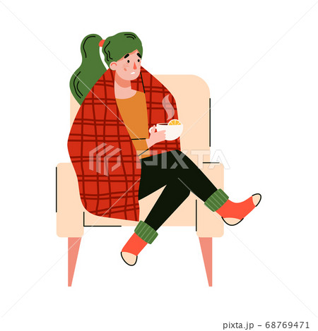 Woman with cold or flu drinking hot drink flat vector illustration isolated. Woman with cold or flu drinking hot drink flat vector illustration isolated. 68769471