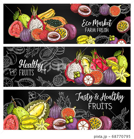 Tropical fruits vector chalk sketch banners set Tropical fruits vector chalk sketch banners set 68770795