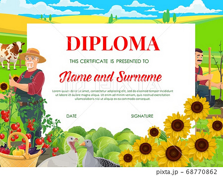 School diploma with farmers working in garden 68770862