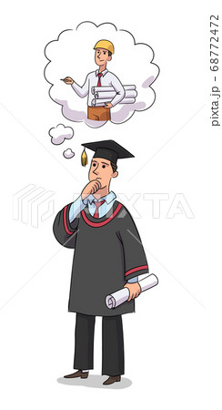Graduate chooses profession. Young man in graduation form thinking, choosing future career isolated person. Guy will be architect engineer holding scrolls blueprints. Vector character illustration. Graduate chooses profession. Young man in graduation form thinking, choosing future career isolated person. Guy will be architect engineer holding scrolls blueprints. Vector character illustration. 68772472