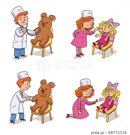 Cute kid wearing white coat playing doctor. Children examining treating toy doll and teddy bear. Kindergarten fun. Home recreation. Playful time. Isolated scene set. Vector illustration. Cute kid wearing white coat playing doctor. Children examining treating toy doll and teddy bear. Kindergarten fun. Home recreation. Playful time. Isolated scene set. Vector illustration. 68772538
