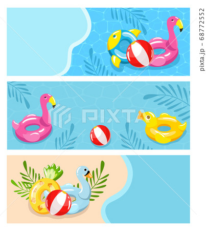 Summer vacation on beach, swimming pool vector illustration. Solar relaxation and fun holiday, inflatable toys, rubber ball Summer vacation on beach, swimming pool vector illustration. Solar relaxation and fun holiday, inflatable toys, rubber ball 68772552