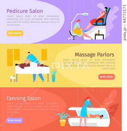 Salon web banners vector illustration. Advertising page cosmetology service. Pedicure attendance, massage treatments and solarium. 68772573