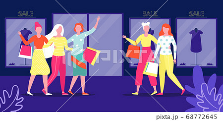 Group young people in shop, sale vector illustration. Woman walk store with bag. Girl in shopping center with purchase, attractive lifestyle city. Group young people in shop, sale vector illustration. Woman walk store with bag. Girl in shopping center with purchase, attractive lifestyle city. 68772645