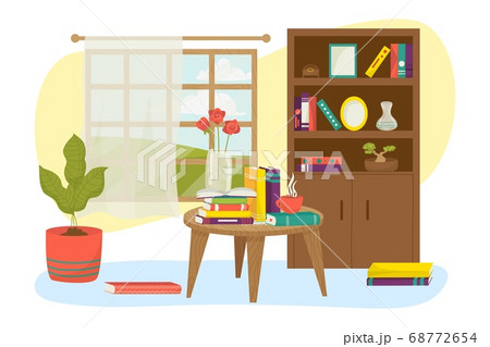 Home room interior with book furniture shelf design vector illustration. House library background, cozy lamp decoration for study. 68772654