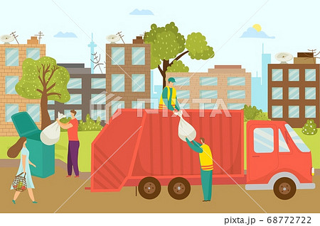 Garbage disposal at street, removal container with waste vector illustration. Worker refuse bin at truck, recycling collector service. 68772722