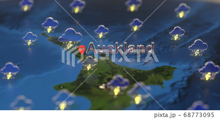 Stormy weather icons near Auckland city on the map, weather forecast related 3D rendering Stormy weather icons near Auckland city on the map, weather forecast related 3D rendering 68773095