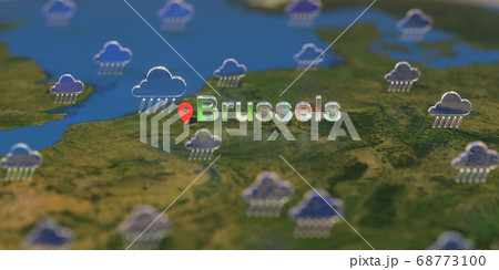 Rainy weather icons near Brussels city on the map, weather forecast related 3D rendering 68773100