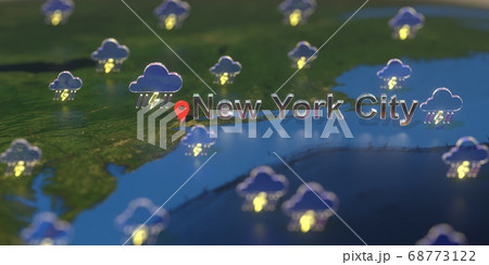 Stormy weather icons near New York City on the map, weather forecast related 3D rendering Stormy weather icons near New York City on the map, weather forecast related 3D rendering 68773122