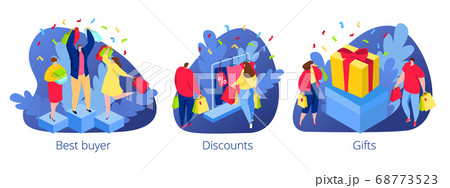 Store buyer character at sale, discount, get gift vector illustration. Happy people at cartoon shop set, purchase for person man woman customer. Store buyer character at sale, discount, get gift vector illustration. Happy people at cartoon shop set, purchase for person man woman customer. 68773523