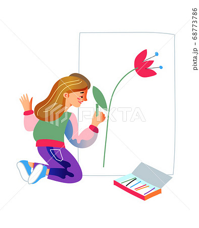 Isolated little girl drawing flower on white wall 68773786