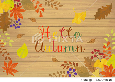 秋の紅葉イメージの木目背景フレーム素材 68774036