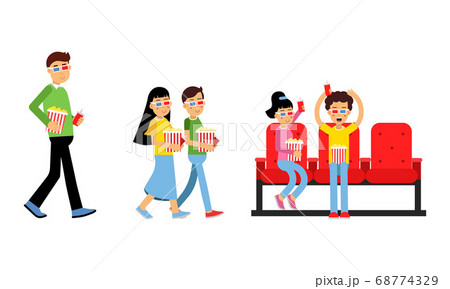 People Characters Holding Popcorn and Watching Movie in Cinema Vector Illustration Set 68774329