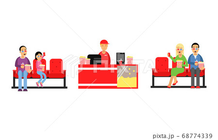 People Characters Buying Popcorn and Watching Movie in Cinema Vector Illustration Set People Characters Buying Popcorn and Watching Movie in Cinema Vector Illustration Set 68774339