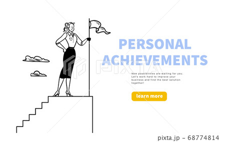 Business concept with office woman worker standing on stairs top with flag Business concept with office woman worker standing on stairs top with flag 68774814