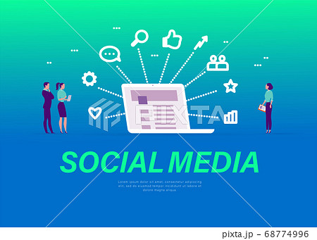 Social media marketing concept. People at laptop metaphor, analysis, video, media Social media marketing concept. People at laptop metaphor, analysis, video, media 68774996