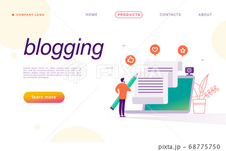 Blogging concept with author hold pencil and writing, laptop and social media review and feedback icons. Landing page design template, web interface, mobile app.  68775750