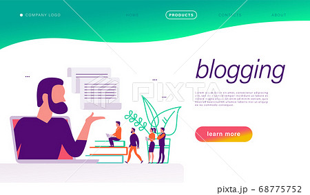 Blogger channel concept with tiny people, laptop and social media review and feedback icons. Blogger channel concept with tiny people, laptop and social media review and feedback icons. 68775752