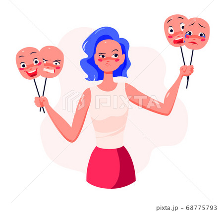 Young woman cartoon character holding masks with different facial expressions to control her emotions, choose different attitude. Young woman cartoon character holding masks with different facial expressions to control her emotions, choose different attitude. 68775793