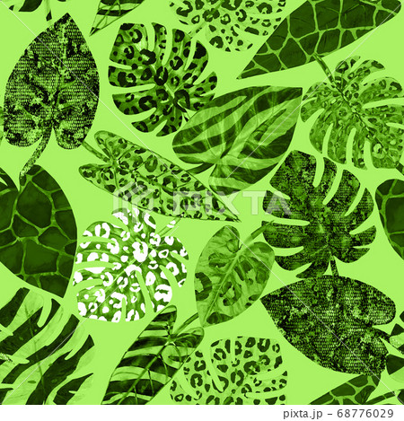 Watercolor surreal abstract seamless pattern with tropical exotic plants 68776029